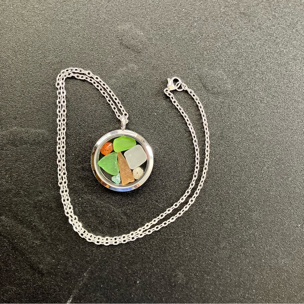 Sea Glass Locket Pendant Necklace Monterey Bay California Stainless Steel NEW